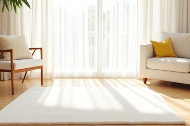 明るいリビングにかけられた清潔なカーテンと敷かれたラグ