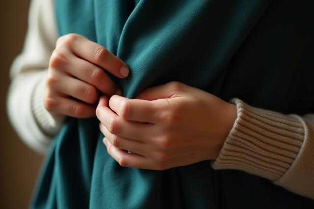 シルクのスカーフとカシミヤのセーターを丁寧に扱う手元の画像